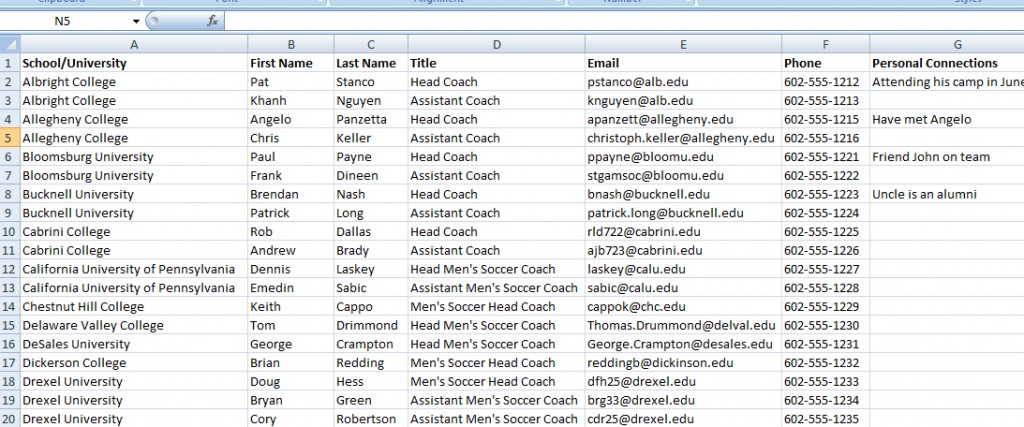 Creating Your Target List Of Schools To Be Recruited Document College Soccer Recruiting Spreadsheet