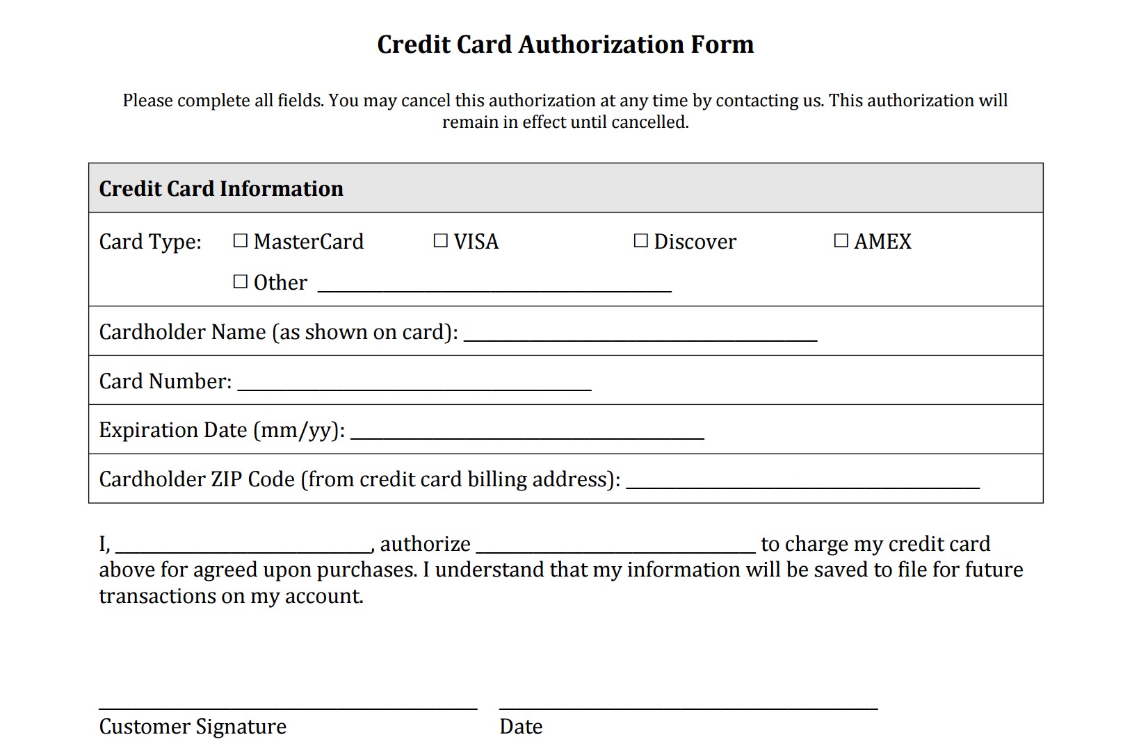 Credit Card Authorization Form Templates Download Document