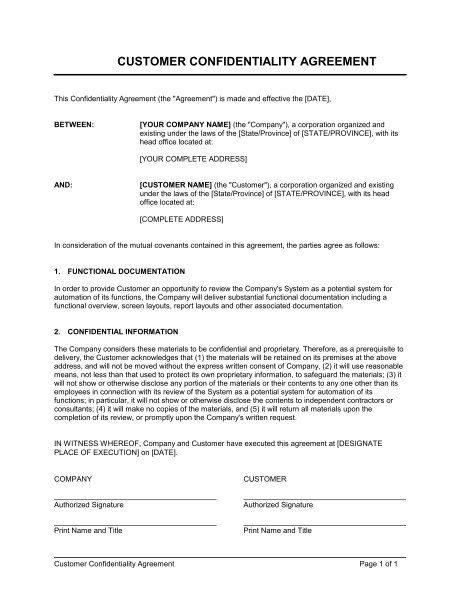 Customer Confidentiality Agreement Template Sample Form Document Word