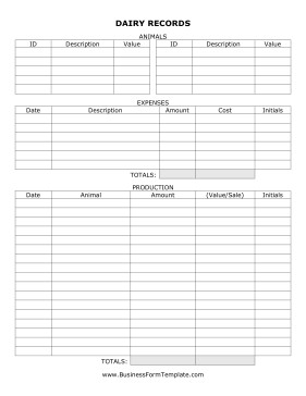 Dairy Record Keeping Form Template Document For Small Business