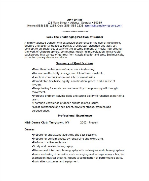 Dancer Resume Template 6 Free Word PDF Documents Download Document Dance