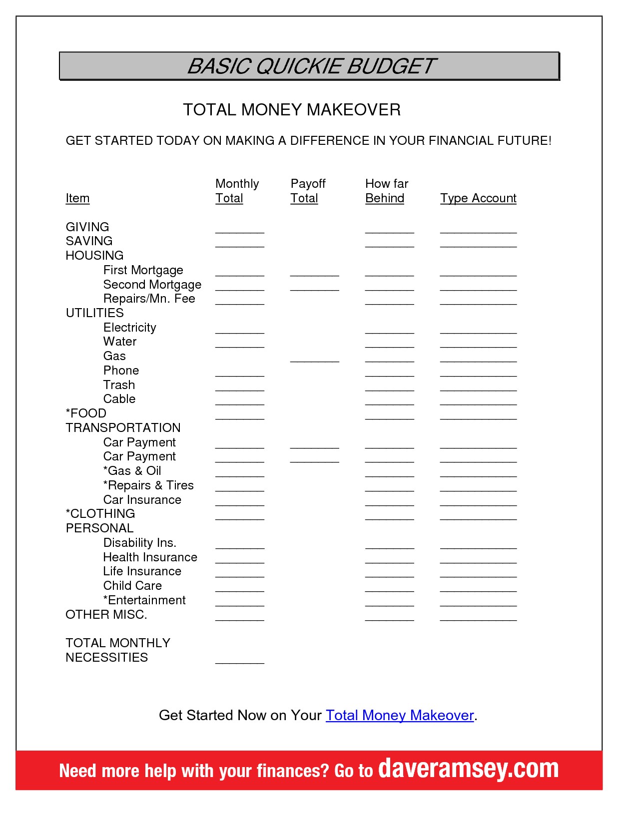 Dave Ramsey Budget Template BASIC QUICKIE BUDGET TOTAL Biblical Document Sheets Pdf