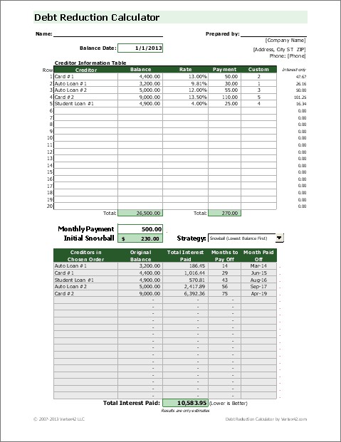 Debt Reduction Calculator Snowball Document Free And Spreadsheet From