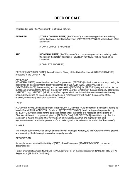Deed Of Sale Real Estate Property Template Sample Form Biztree Com Document Land Agreement