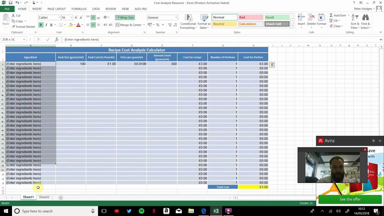 Designing A Recipe Cost Calculator On Microsoft Excel YouTube Document