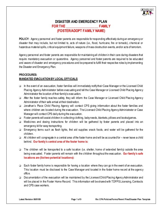 Disaster Emergency Plan Template For Families Document