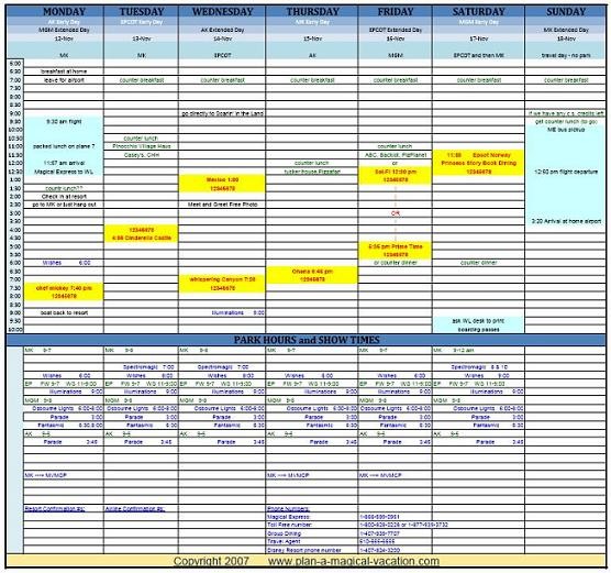 Disney Vacation Planning Spreadsheet Document World