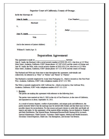 Divorce Worksheet Separation Agreement Source Document Template Nc