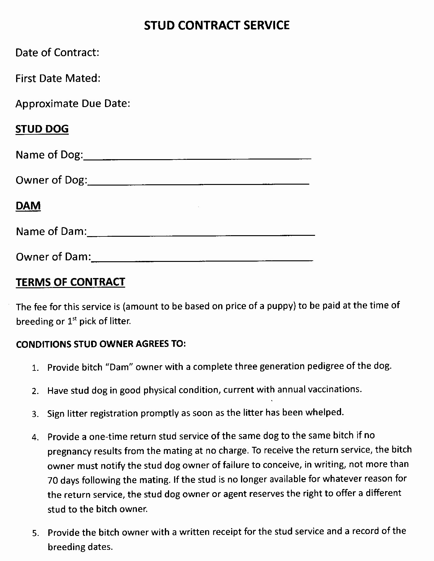 Dog Breeding Contract Template Best Of Stud Service Document
