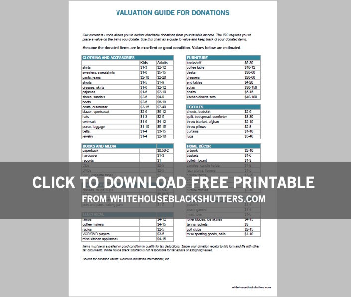 Donation Values Guide And Printable White House Black Shutters Document Itemized List