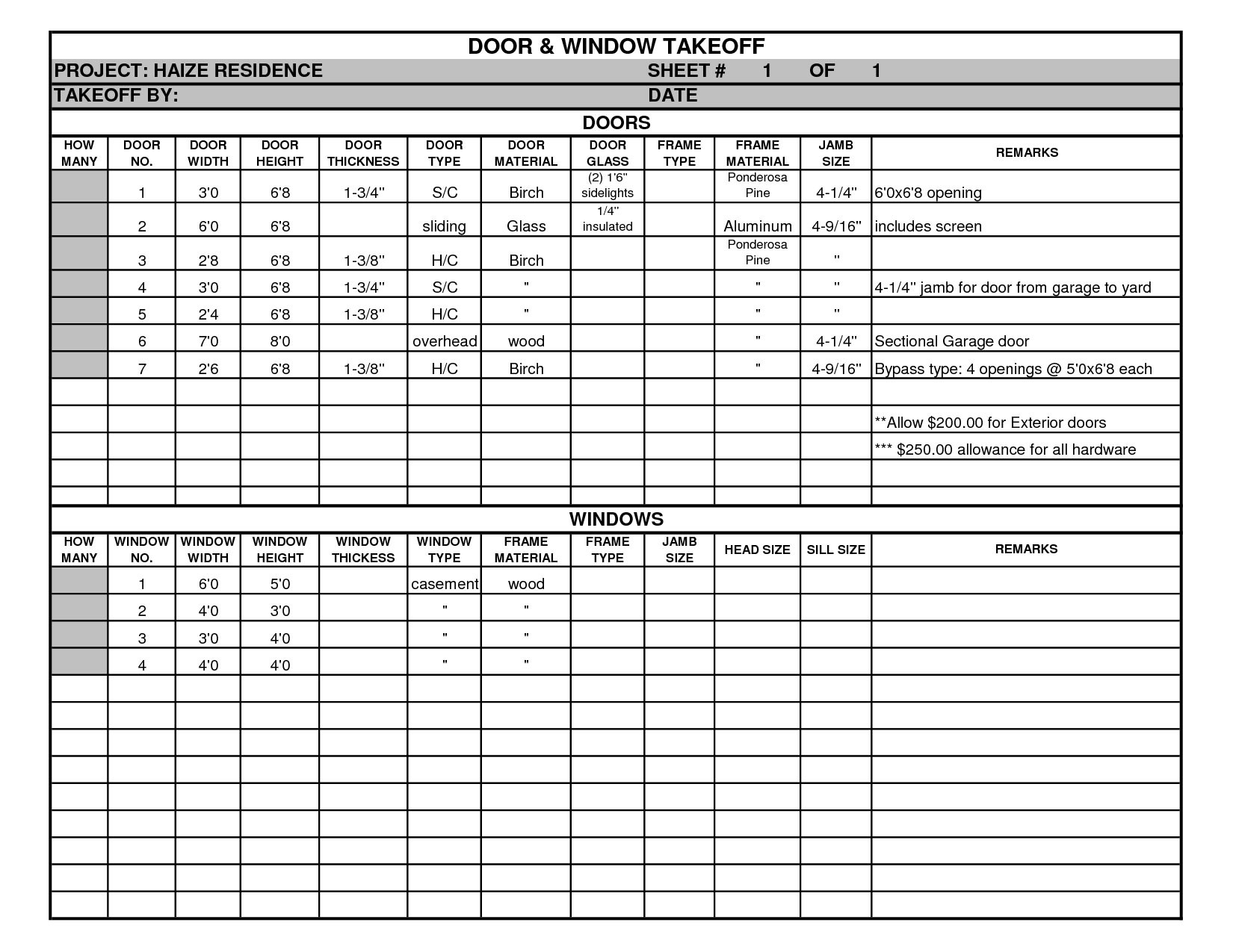 Door And Window Takeoff Sheet Document Lumber Template Excel
