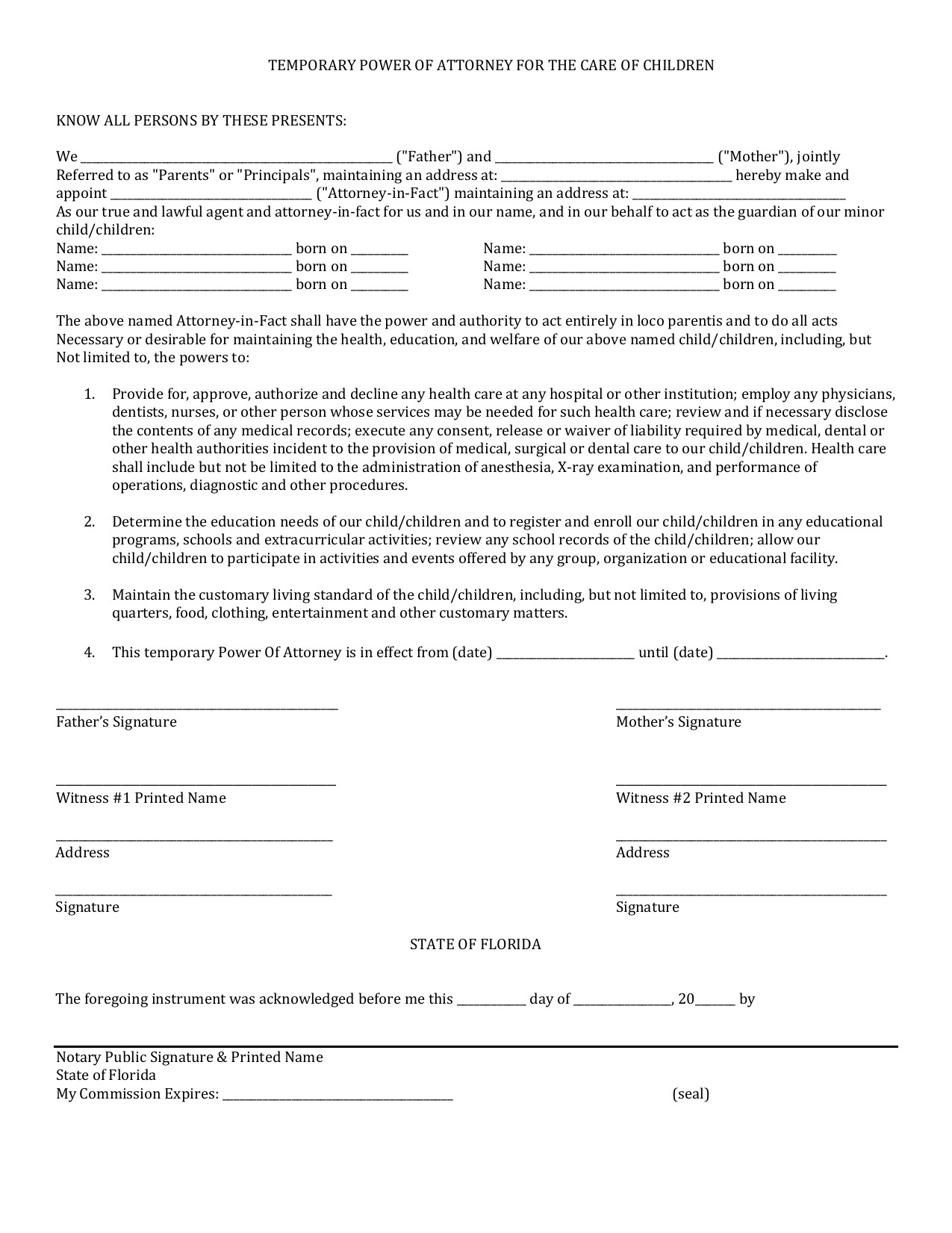 Download Florida Minor Child Power Of Attorney Form PDF Document