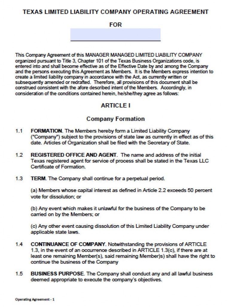 Download Texas LLC Operating Agreement Template WikiDownload Document Free Llc