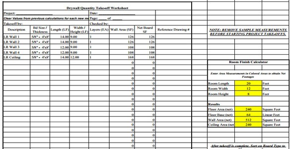 Drywall Quantity Takeoff Worksheet Document Construction Excel Template