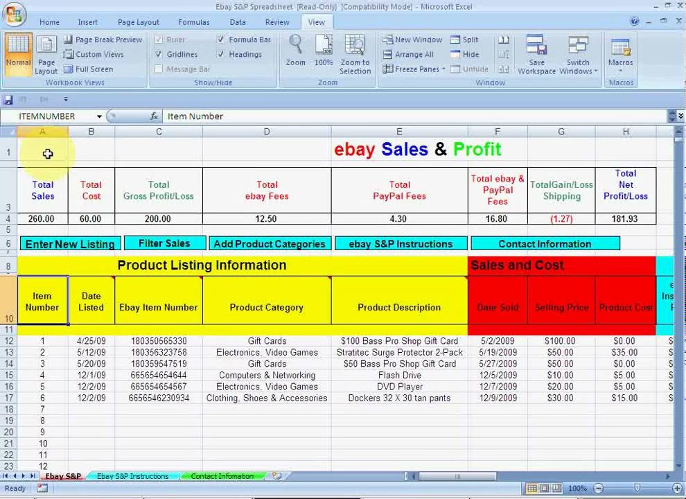 Ebay Sales And Profit Spreadsheet For Videos Pinterest Document Selling Template