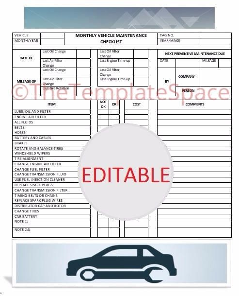 EDITABLE Monthly Vehicle Maintenance Checklist Printable Template Document