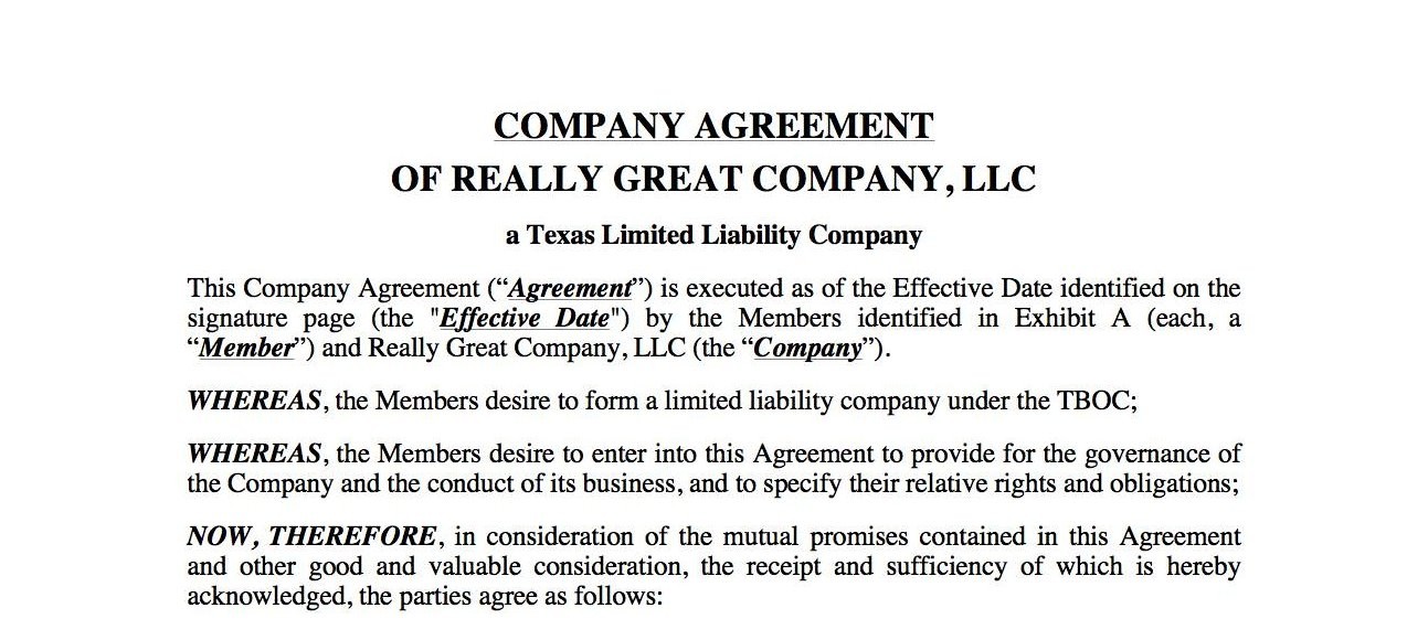 Effect Of An LLC Operating Company Agreements In Texas Document Limited Liability Agreement