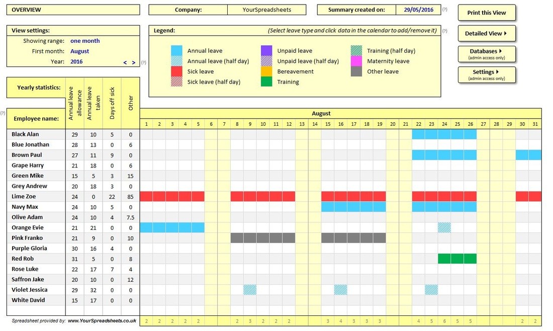 Employee Attendance Tracker Spreadsheet Document Free Annual Leave Excel