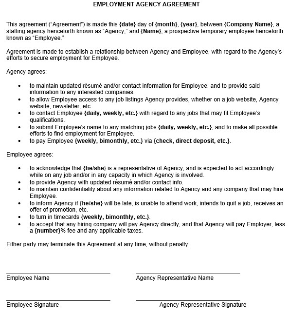 Employment Agency Agreement Sample Document Recruitment Contract