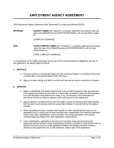 Employment Agency Agreement Template Sample Form Biztree Com Document Recruitment Contract