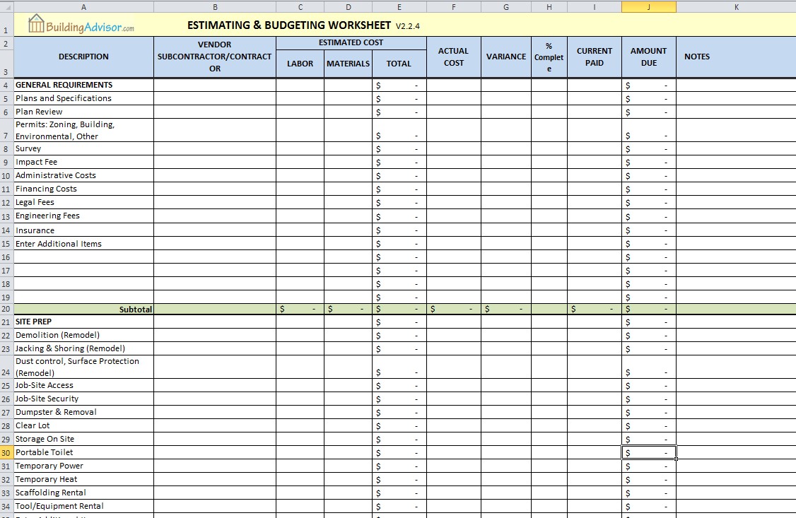 Estimating And Budgeting Spreadsheet Construction Civil Engineering Document Excel Sheets Cost Estimation