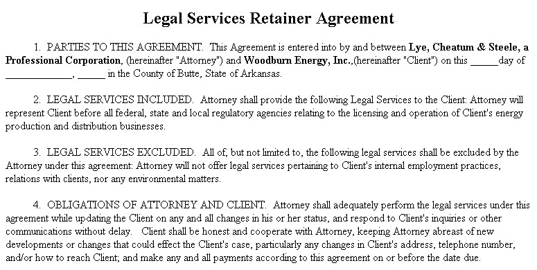 Example Document For Legal Services Retainer Agreement Service Template