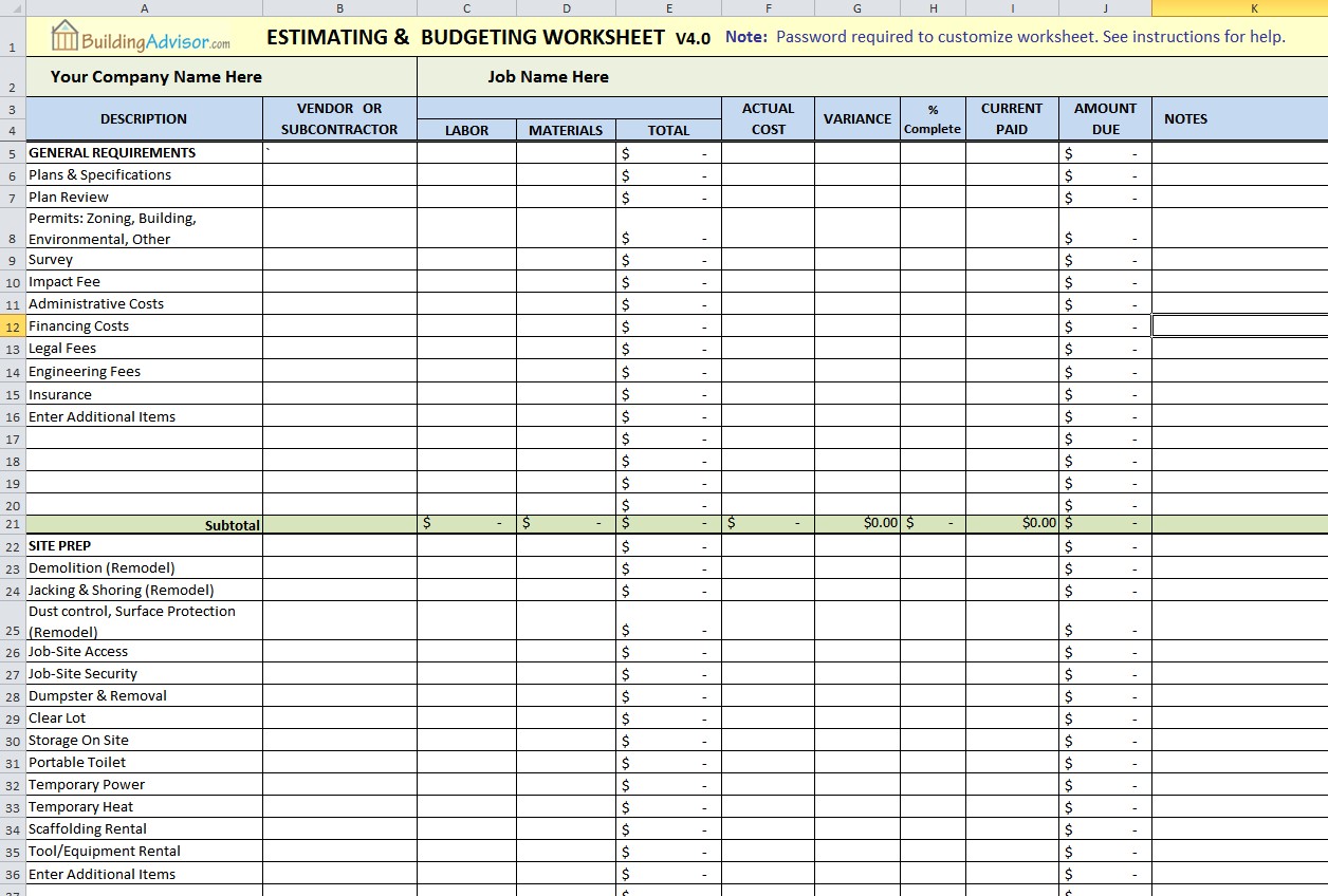 Example Of Building Cost Estimator Spreadsheet Pianotreasure Document Construction Estimate Excel Download