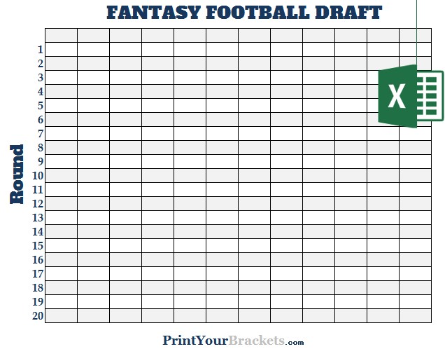 Excel 12 Team Fantasy Football Draft Board Editable Document Spreadsheet