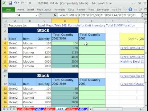 Excel Magic Trick 497 Unit Inventory Total For Each Store SUMIFS Or Document How To Maintain In