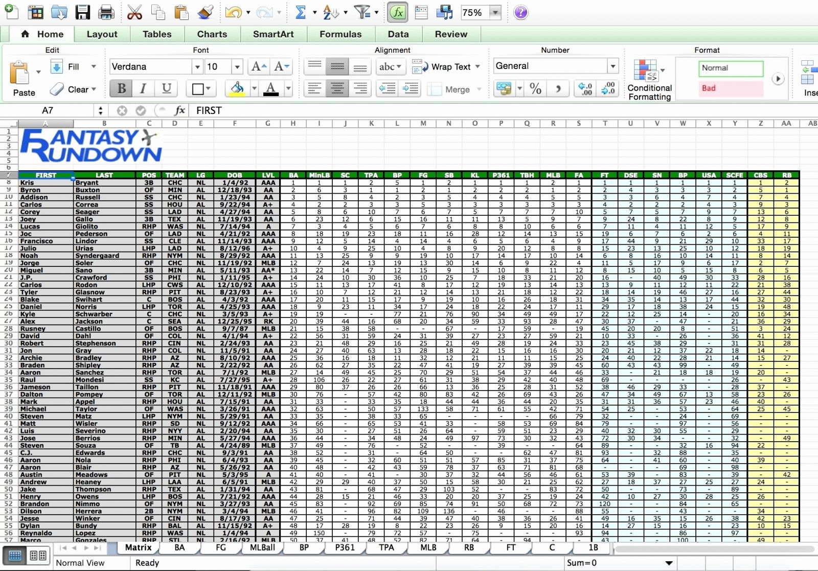 Excel Spreadsheet For Baseball Sh Stat Tracker Example Of Document Softball