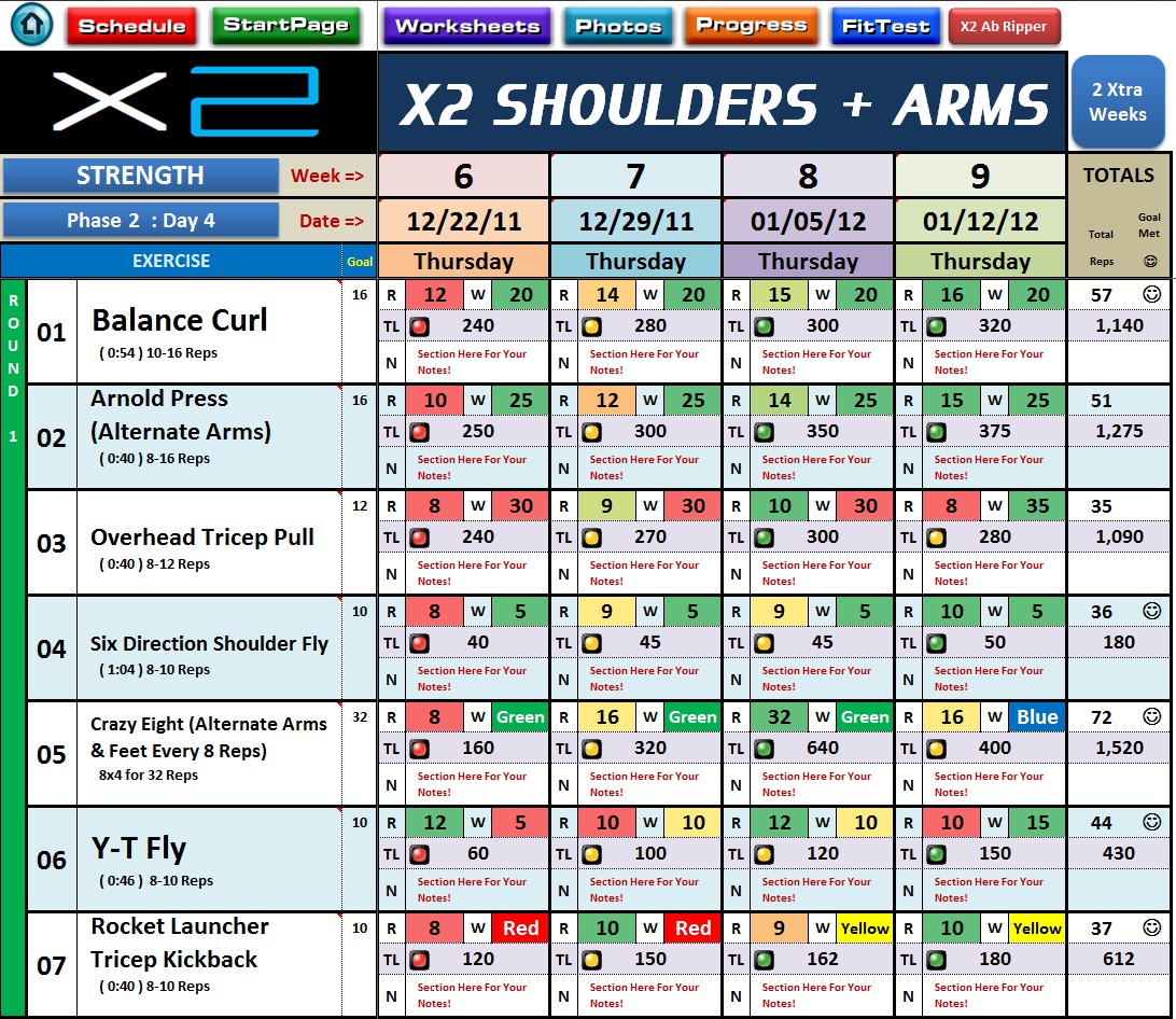 Excel Spreadsheet Workout Nutrition Managers For P90X2 Document P90x Sheet