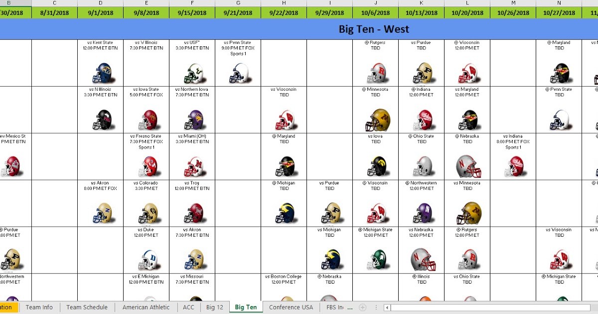 Excel S Help 2018 College Football Helmet Schedule Document