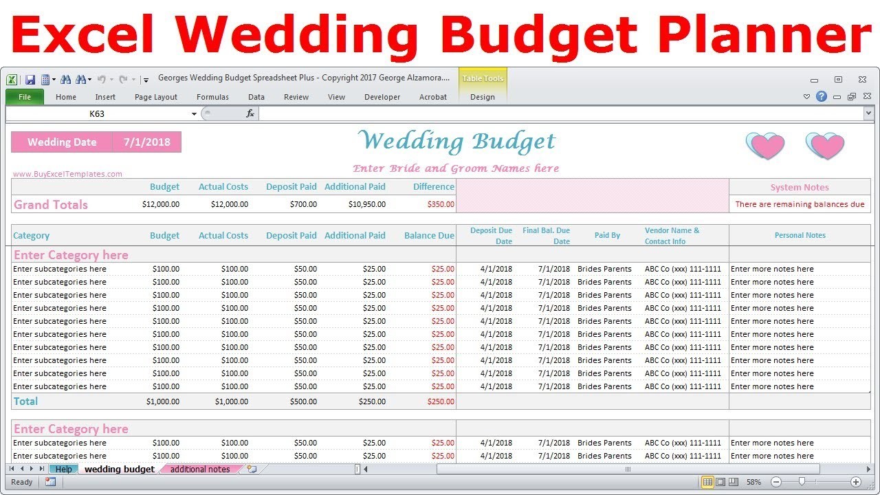 Excel Wedding Budget Spreadsheet Expenses Tracker