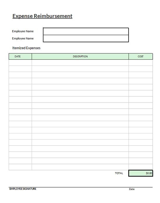 Expense Reimbursement Form Template Download Excel Document Blank Sheet