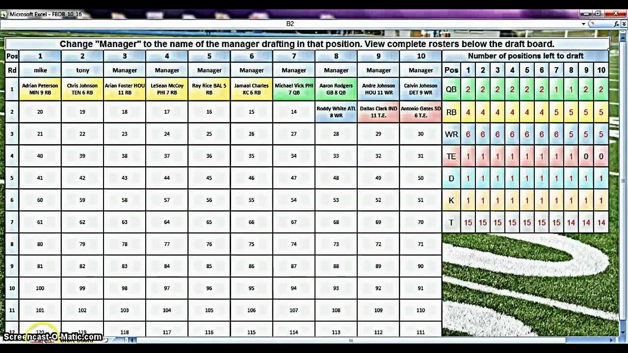 Fantasy Football Draft Board YouTube Document Excel