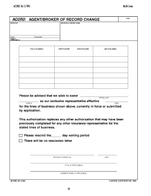 Fillable Online Agent Broker Of Record Change Form ACORD 36 Document