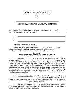 Fillable Online Michigan Limited Liability Company LLC Operating Document Llc