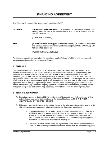 Financing Agreement Template Sample Form Biztree Com Document Fill In The Blank