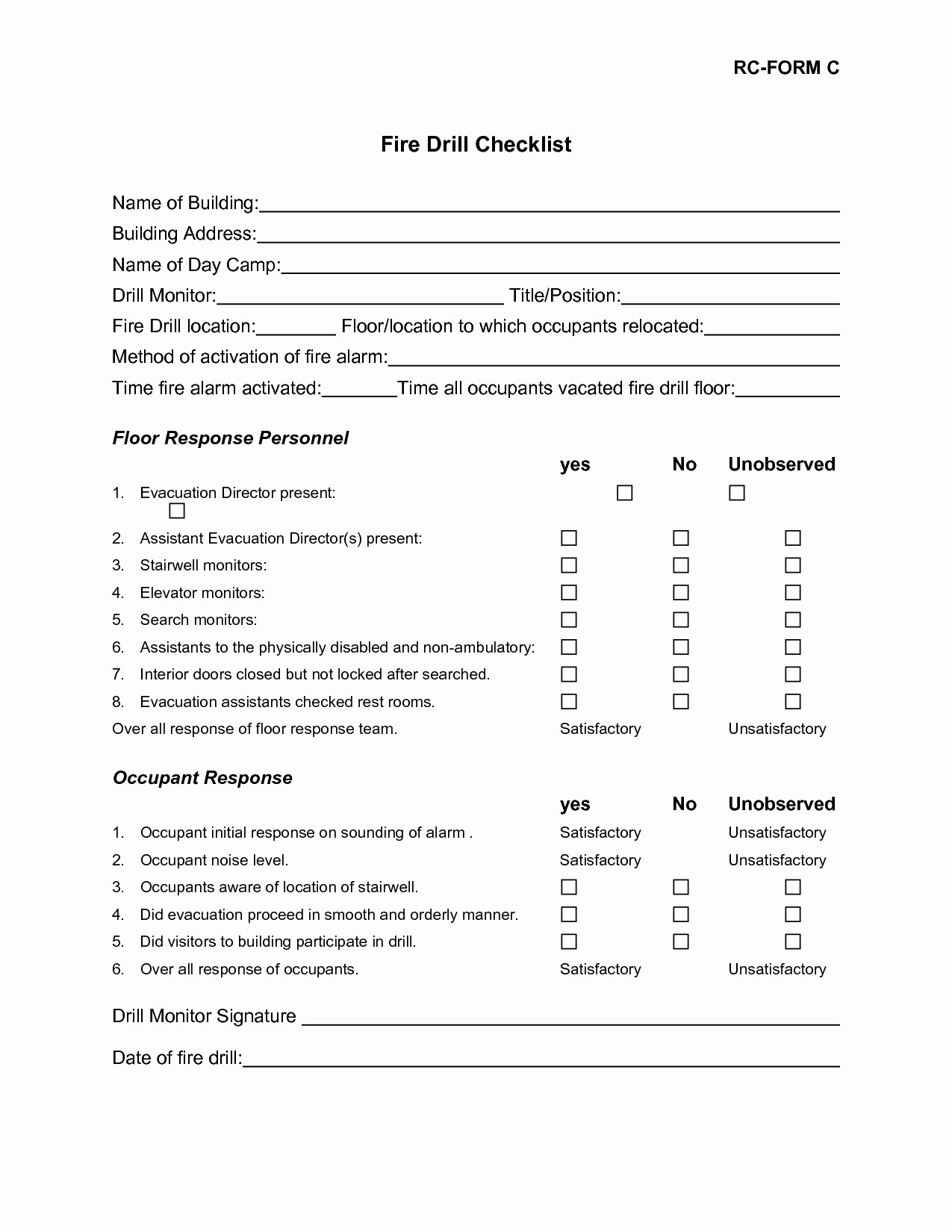 Fire Drill Checklist Template New Document