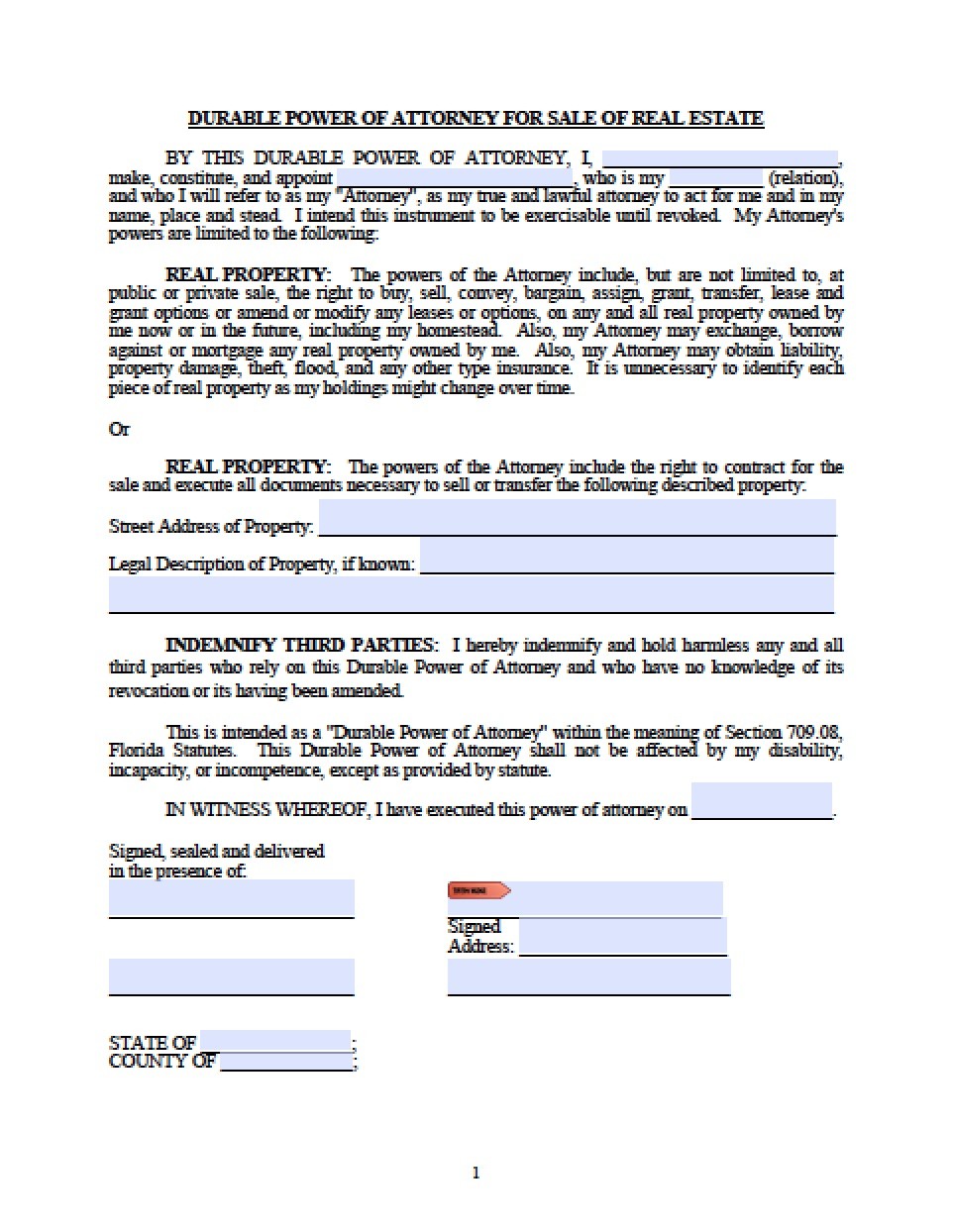 Florida Real Estate ONLY Power Of Attorney Form Document Free