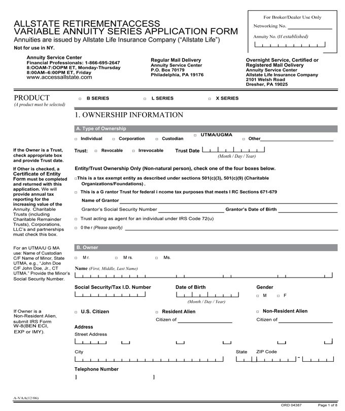Form Of Application Fpr Allstate RetirementAccess Variable Annuity Document Supplement Request