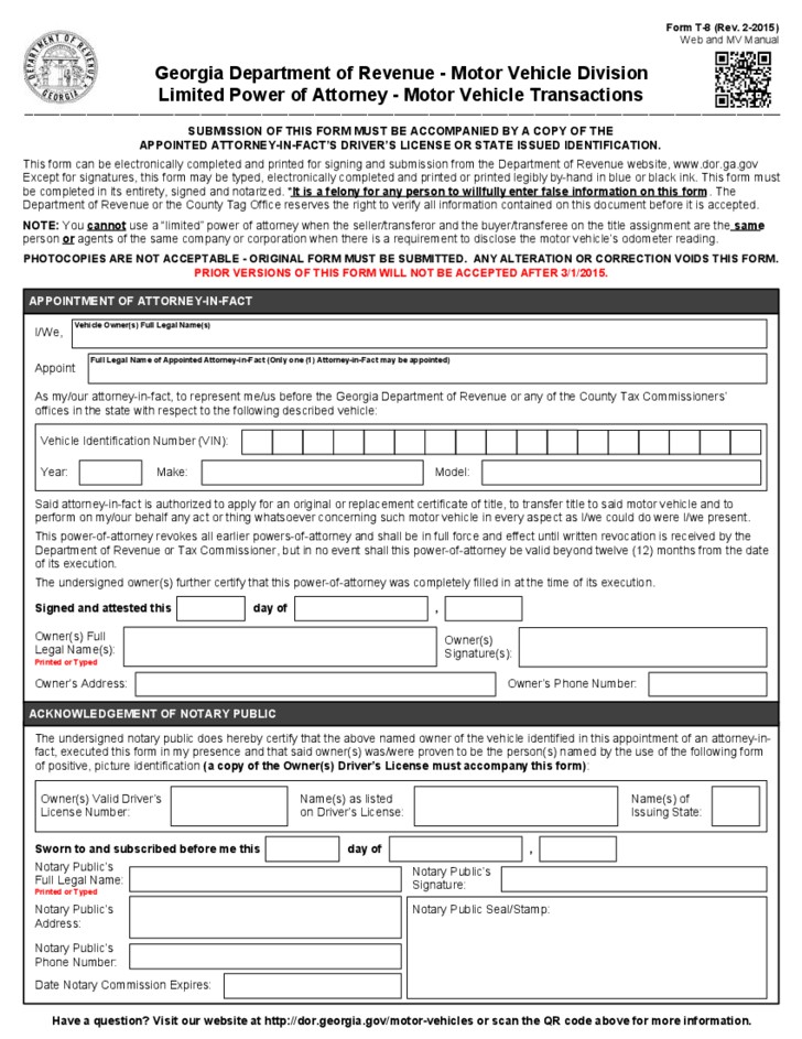 Form T 8 Limited Power Of Attorney Georgia Motor Vehicle