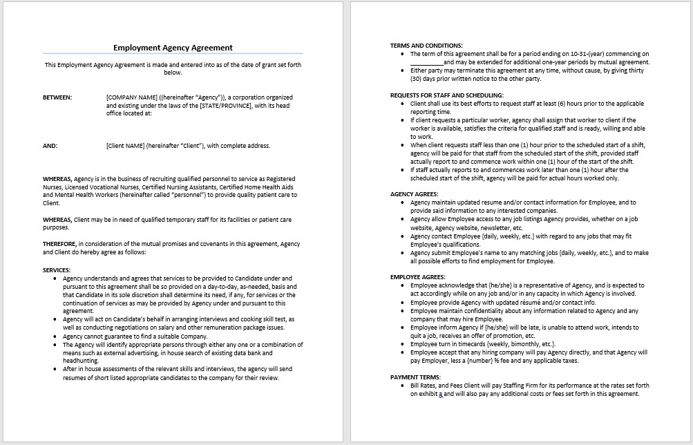 Formal Agreement Template Employment Document Recruitment Agency Contract
