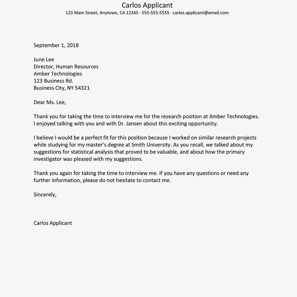 Format For Writing An Interview Thank You Letter Document Email