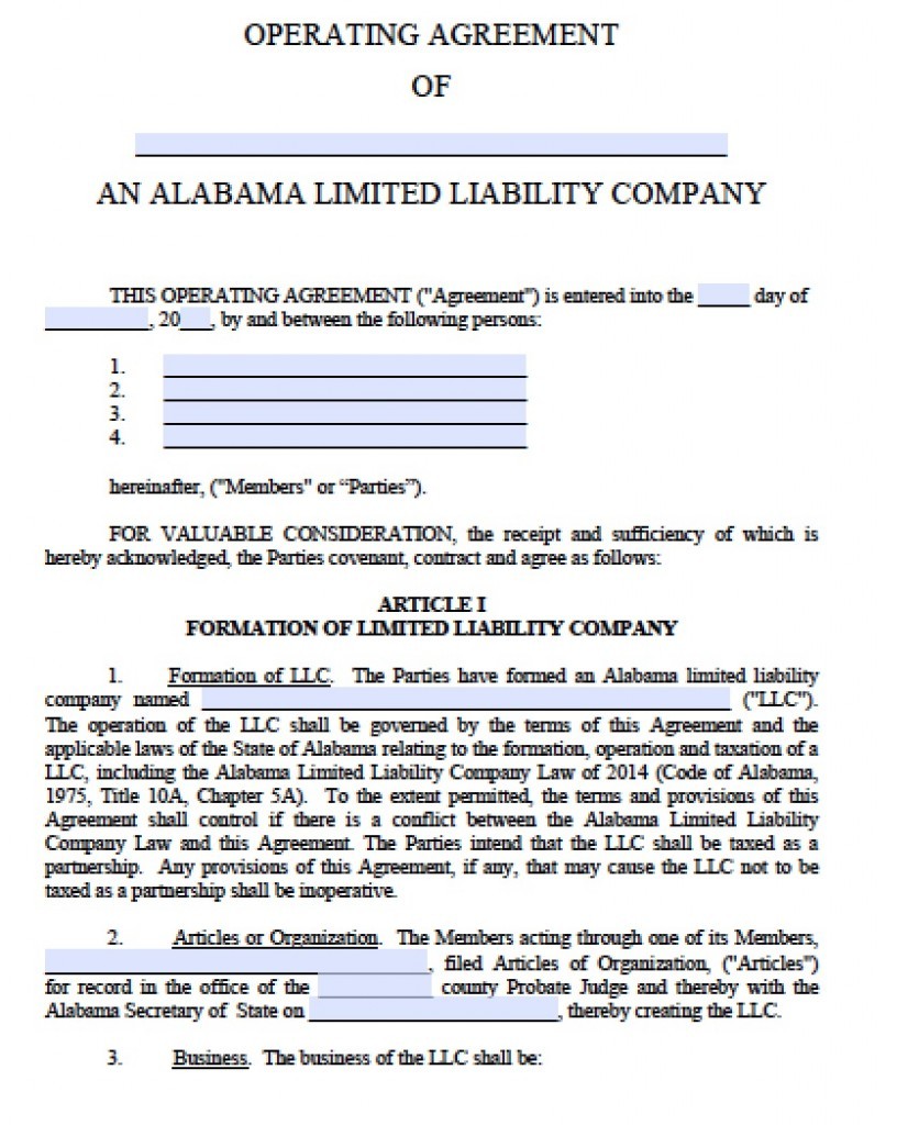 Free Alabama LLC Operating Agreement Template PDF Word Document Sample Of For Llc