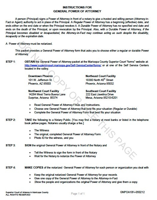 Free Arizona Durable General Power Of Attorney Form Template Document