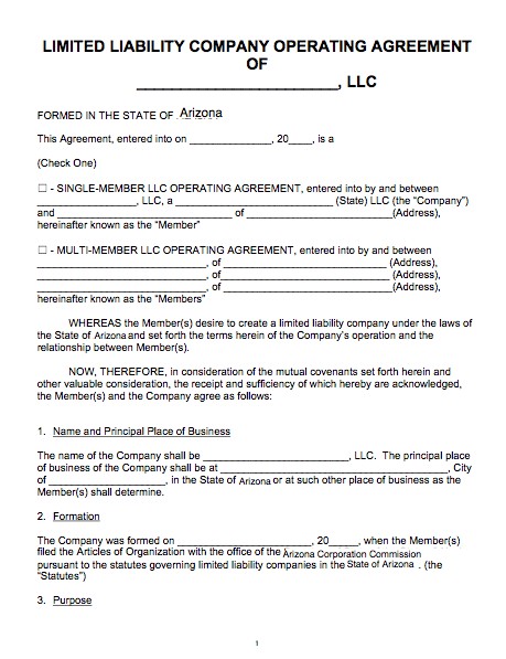 Free Arizona LLC Operating Agreement Template PDF Word Document Llc