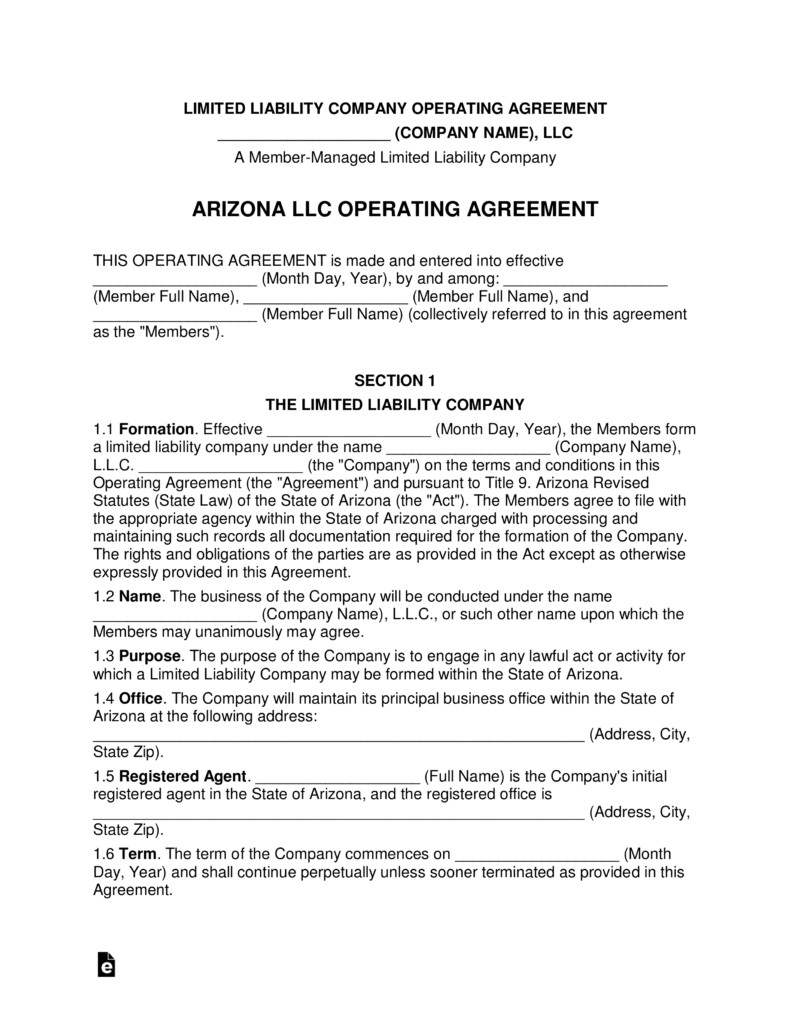 Free Arizona Multi Member LLC Operating Agreement Form PDF Word Document Llc Template