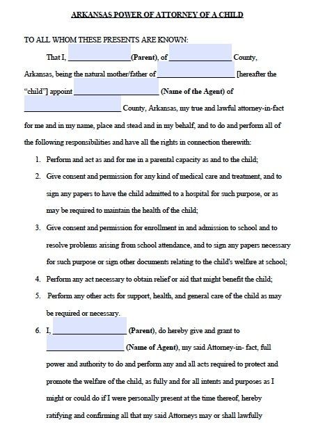 Free Arkansas Power Of Attorney For A Minor Form Template