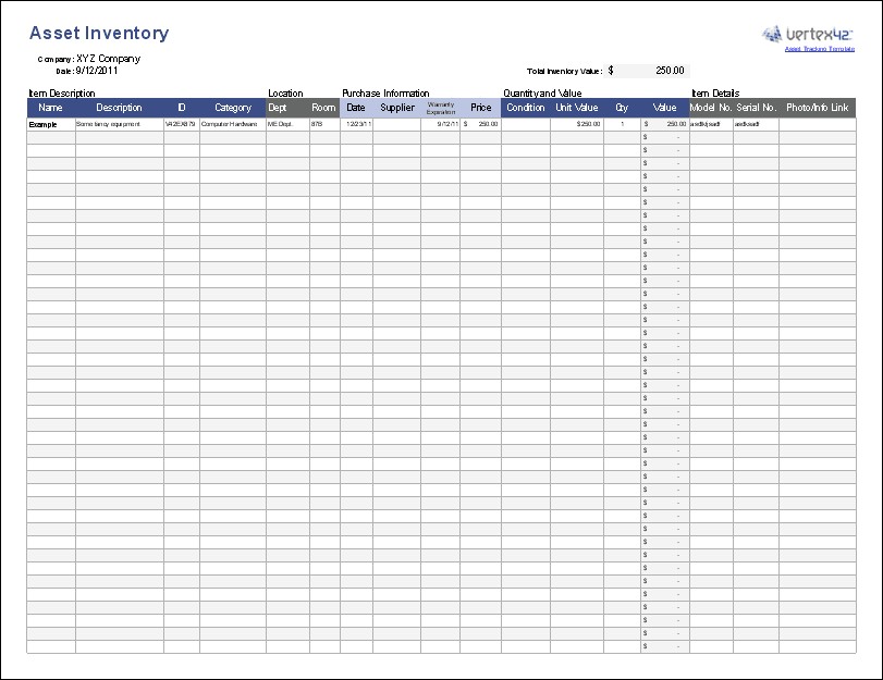 Free Asset Tracking Template For Excel By Vertex42 Document Computer Equipment Inventory